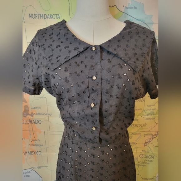 Vintage Black Eyelet Dress With Crystal Buttons. - Picture 2 of 16